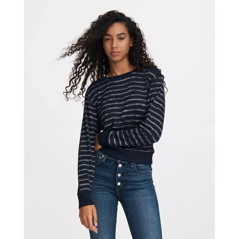 RAG & BONE NAVY BLUE STRIPED AVRYL JERSEY‎ PULLOVER CREW NECK SWEATER XS $165